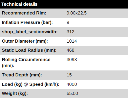 Таблица характеристик шины 315/70R22.5-18 ETS100 LEAO